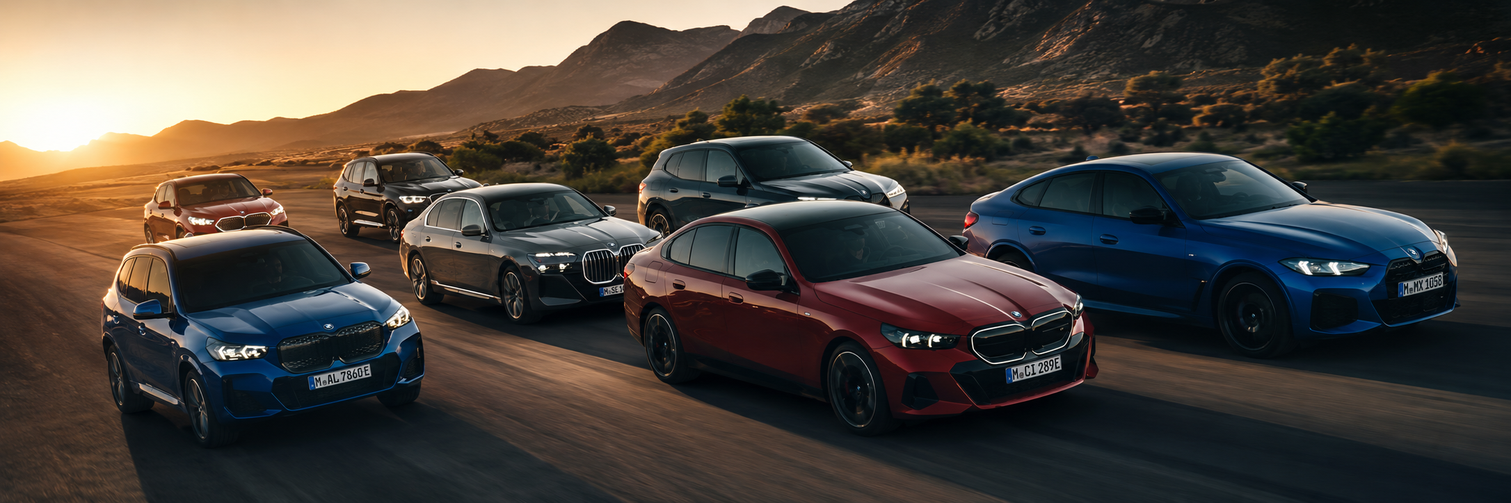 석양의 도로를 달리는 BMW 차량 라인업